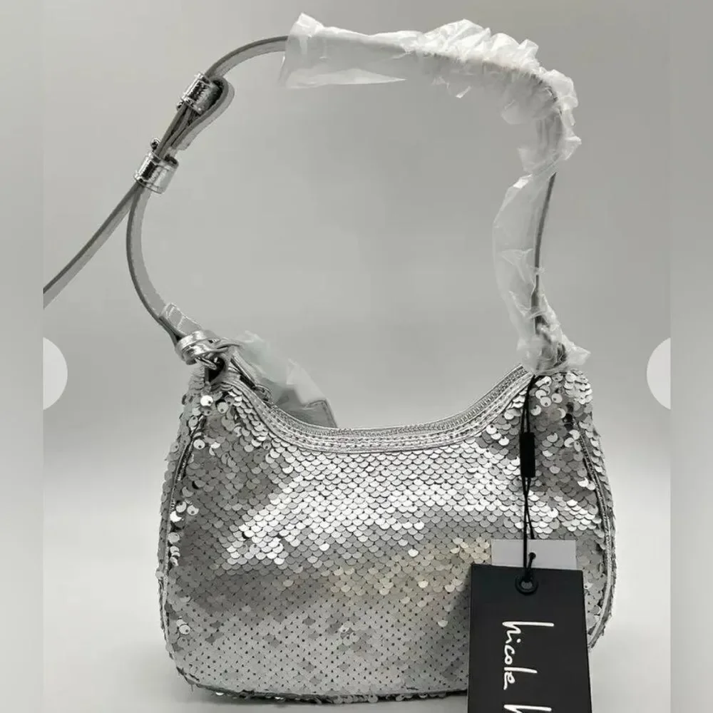 NWT Nicole Miller Silver Sequin Vegan Leather Small HOBO Shoulder Purse Handbag
